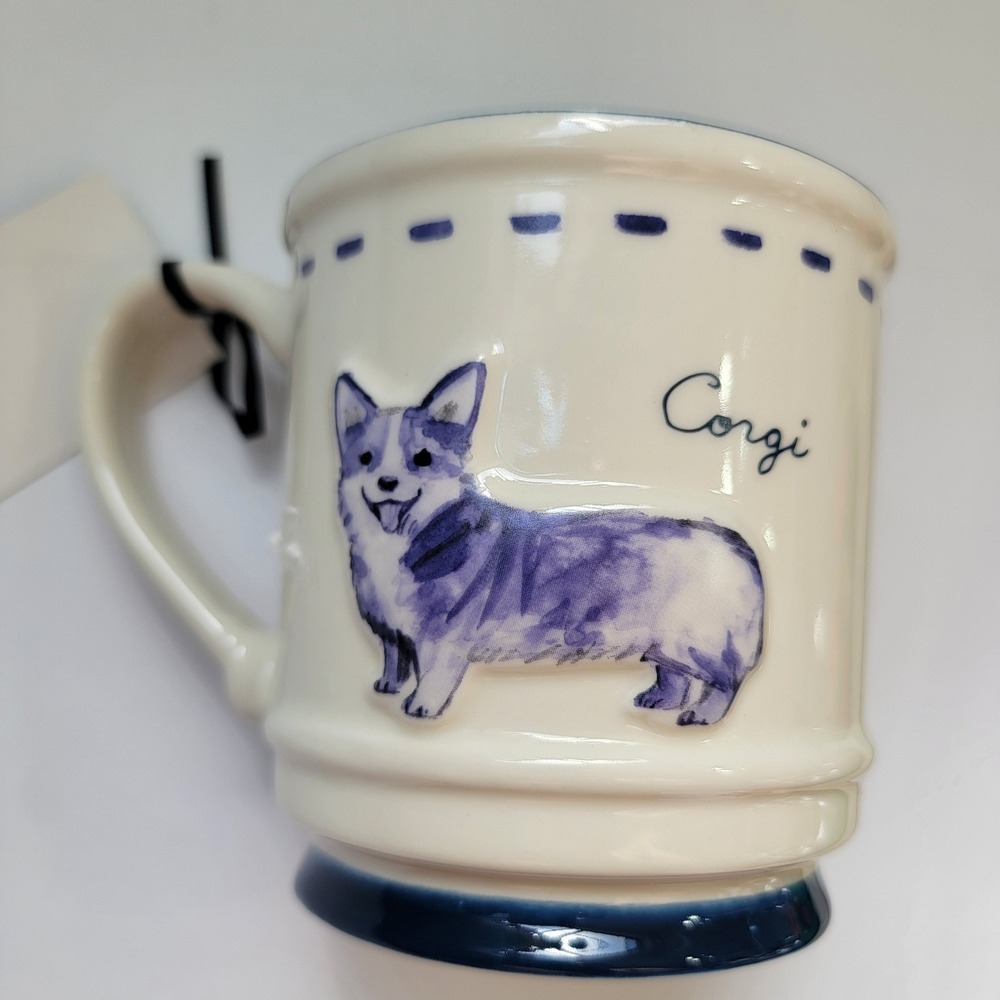 Corgi‎ Dog Ceramic Coffee Mug Navy Cream Watercolor Embossed NEW by Dwell Studio